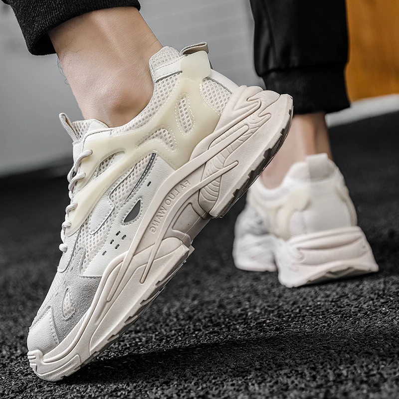 

2021 Men's Fashion Sneakers Lace-up Breathable Mesh Knitting Running Shoes Rubber Non-slip Hard-Wearing Jogging Shoes