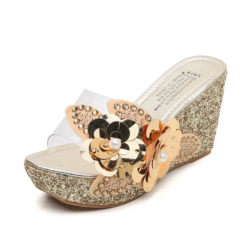 

Women's Sandals Korean Style Sweet Beaded Flower Transparent Wedge Sandals Women's Fashion