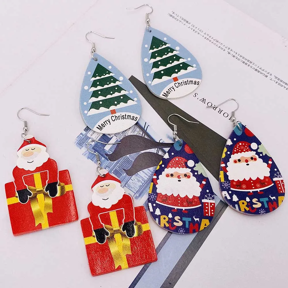 Christmas Drop-Shaped Leather Earrings Santa Claus Multilayer Female Fashion Jewelry Gifts New Wholesale