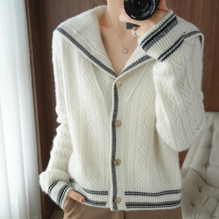 

Женский вязаный шерстяной кардиган Xiaoxiang, контрастный Свободный кардиган с высоким воротником, кофта темно-синего цвета для осени и зимы