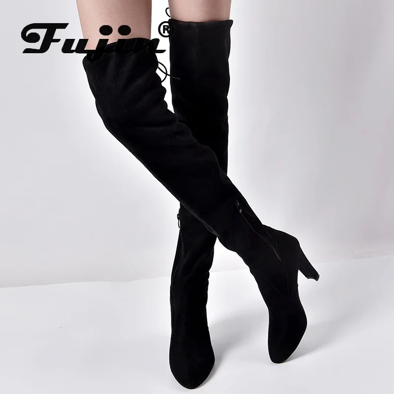 Fujin/Сапоги выше колена Женские сапоги из флока на толстом каблуке Пикантные замшевые высоком лодочки