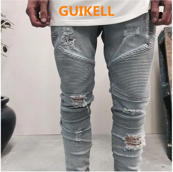 

GUIKELL New Streetwear Mens Ripped Biker Jeans Men's Fashion Motorcycle Slim Fit Black Gray Blue Moto Denim Pants Skinny