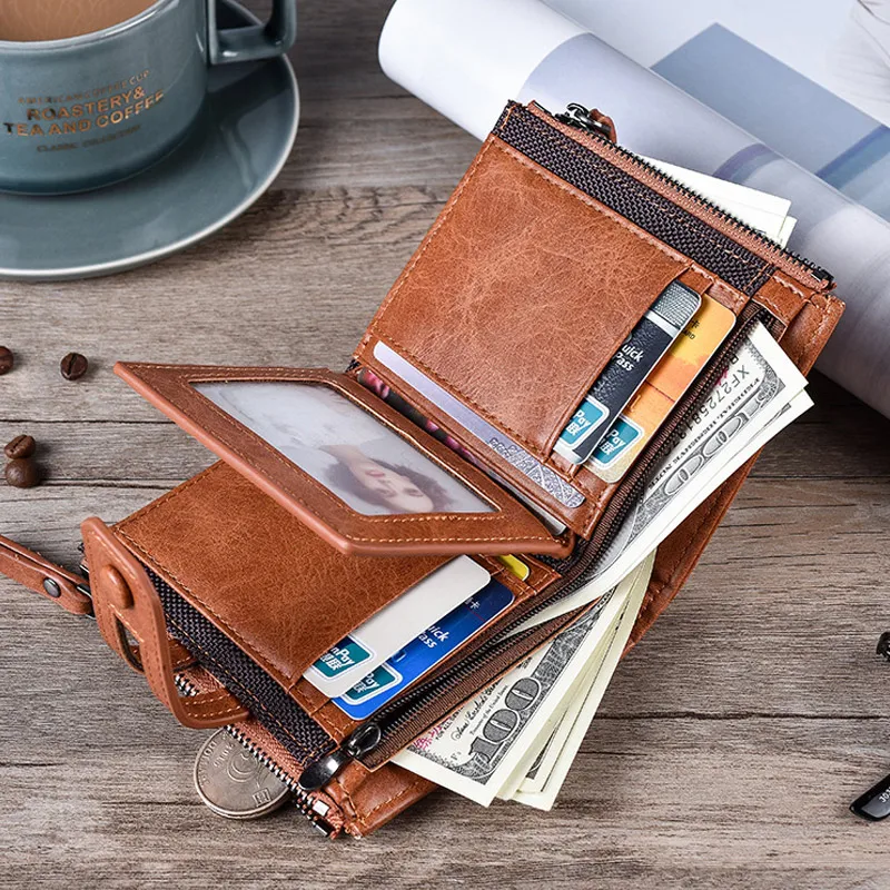 

Men PU Leather Wallet Purse With Double Zipper Design For Bank Cards Money 2019 Fashion Men's Wallet Carteira Masculina