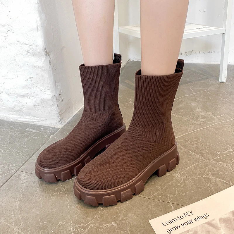 Thick Platform women boots Autumn Winter New Couple Socks Shoes Women Casual Large Size Knitted Short Boots Women botas  mujer