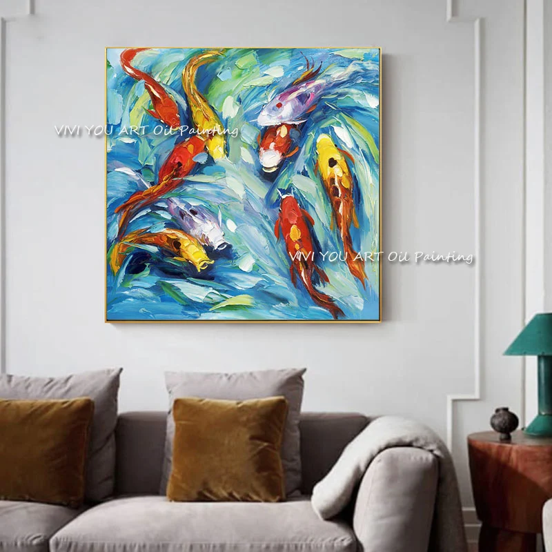 

Artist 100% Handmade High Quality Abstract Fish Oil Painting on Canvas Hanging Nine Koi Fish Landscape Painting