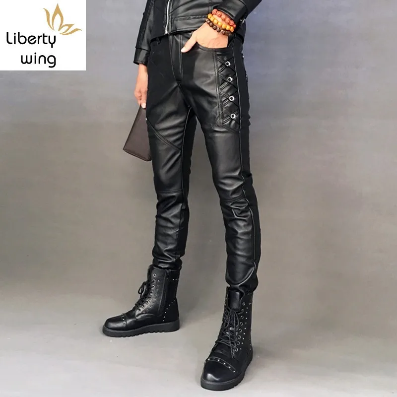 

Mens Pu High Street Slim Fit Motorcycle Biker Trousers Male New Black Casual Skinny Leather Pencil Pants