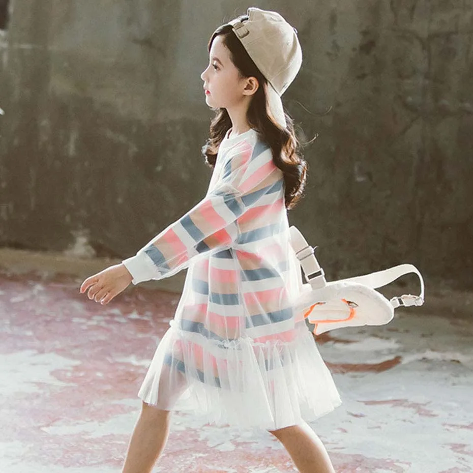 Dresses For Girls Letter Print Party Dress O-Neck Children Mesh Fall Winter Casual Children's Costumes | Детская одежда и