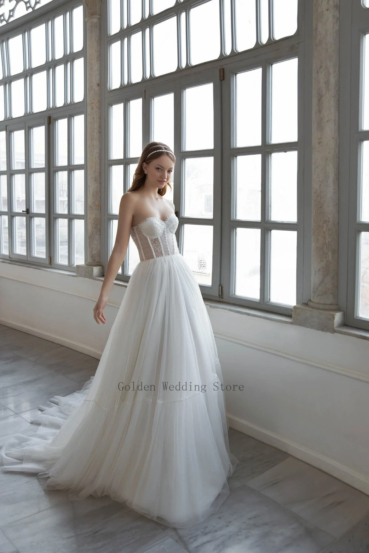 

Sweetheart Corset Tulle Wedding Dress White illusion Ruched Body Floor Length Lace up Back Bridal Wedding Gowns