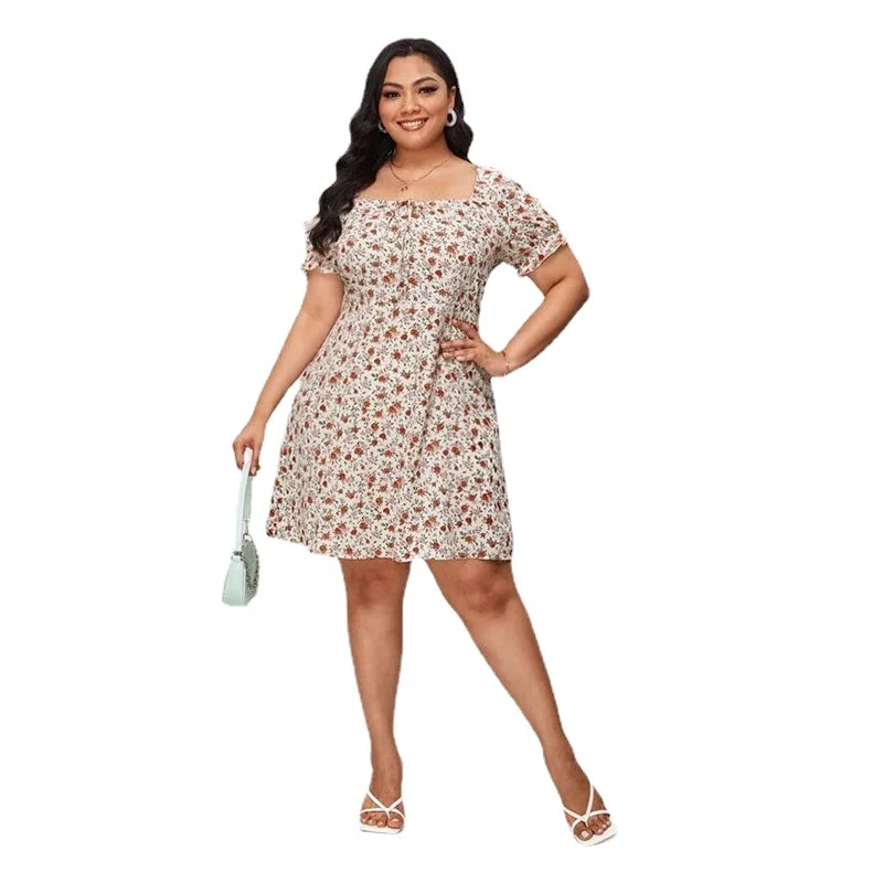 

Летнее модное цветочное кружевное платье с квадратным вырезом и оборками, короткая юбка большого размера с коротким рукавом для зрелых жен...