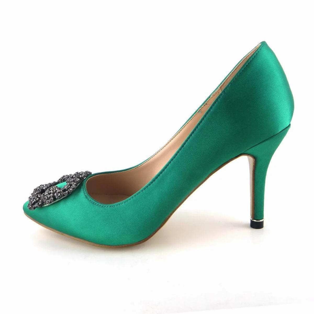 

Fashion shoes women's same green thin high heeled single shoes pointed diamond flat bottom middle heel high heel three