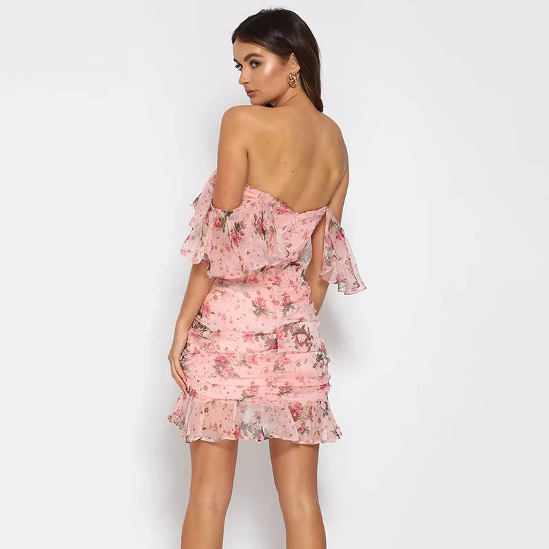 

Sexy Backless One-shoulder Printed Dress Bohemian Ruffles Elegant Mini Bodycon Dresses Summer Night Club Party Dresses Vestidos
