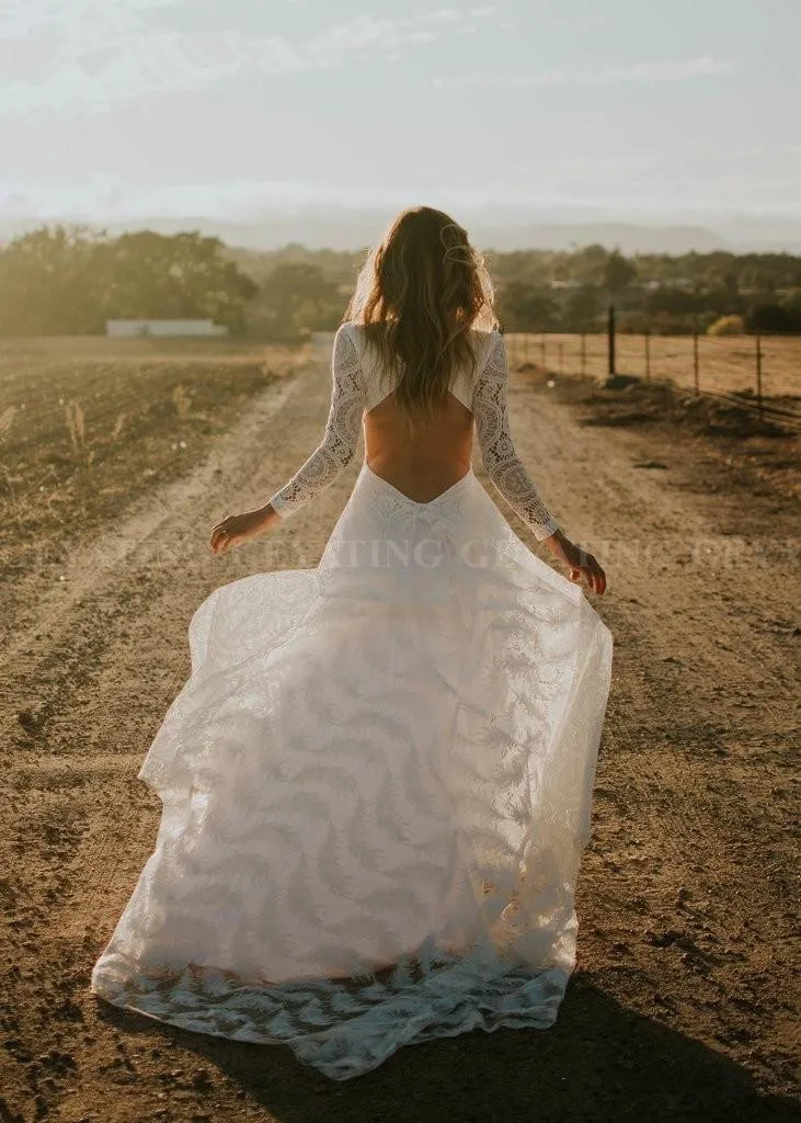 

Boho Lace Long Sleeves Wedding Dress 2019 Sexy Open Back Beach Bridal Gowns Long Train A-line Bohemian Bride Dresses
