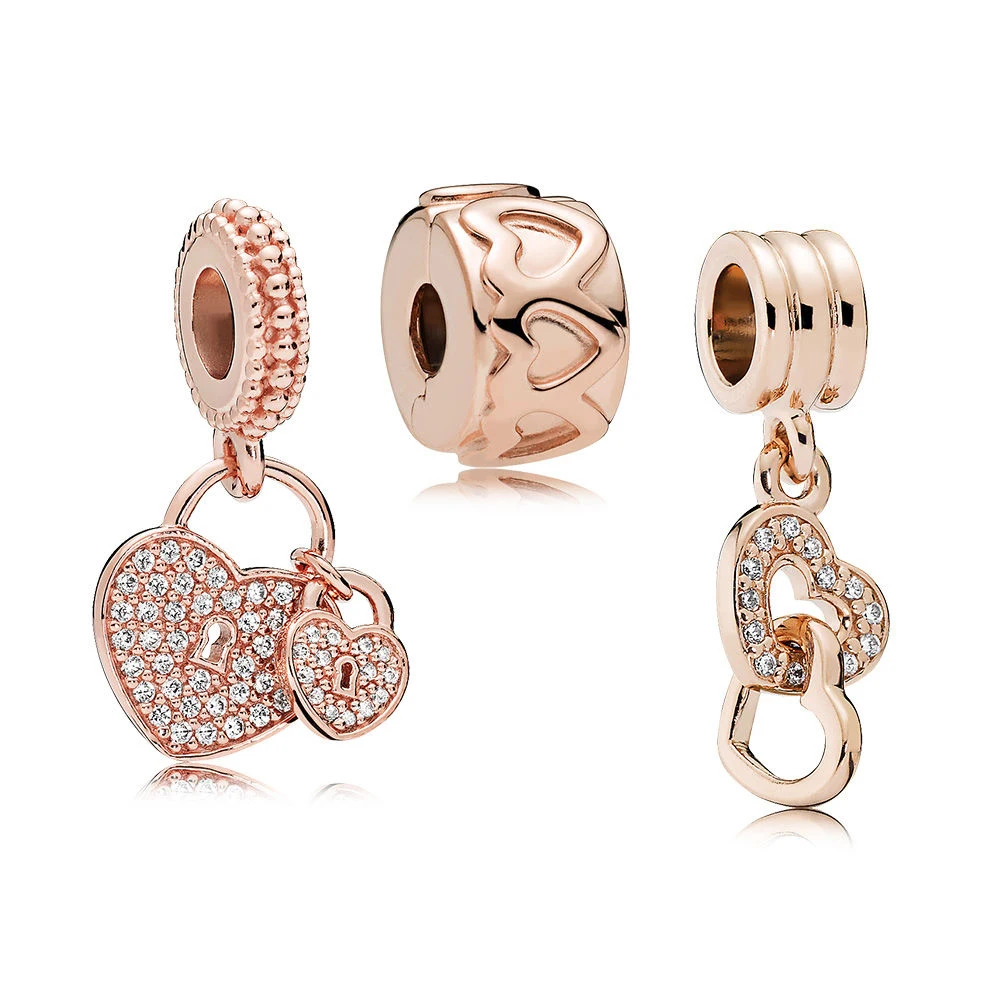 

NEW 100% 925 Sterling Silver ROSE HANGING HEARTS CHARM PACK Jewelry Suitable DIY Bracelet Gift Factory Direct RAU0528