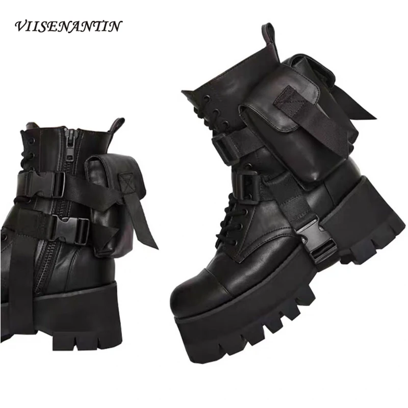 

Ботинки женские кожаные на платформе, повседневные короткие сапоги на толстой подошве, с индивидуальным дизайном, модные ботинки с кармана...