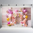 Фон для фотосъемки с розовыми цветами и тортом, 1 год фон для фотосъемки на день рождения