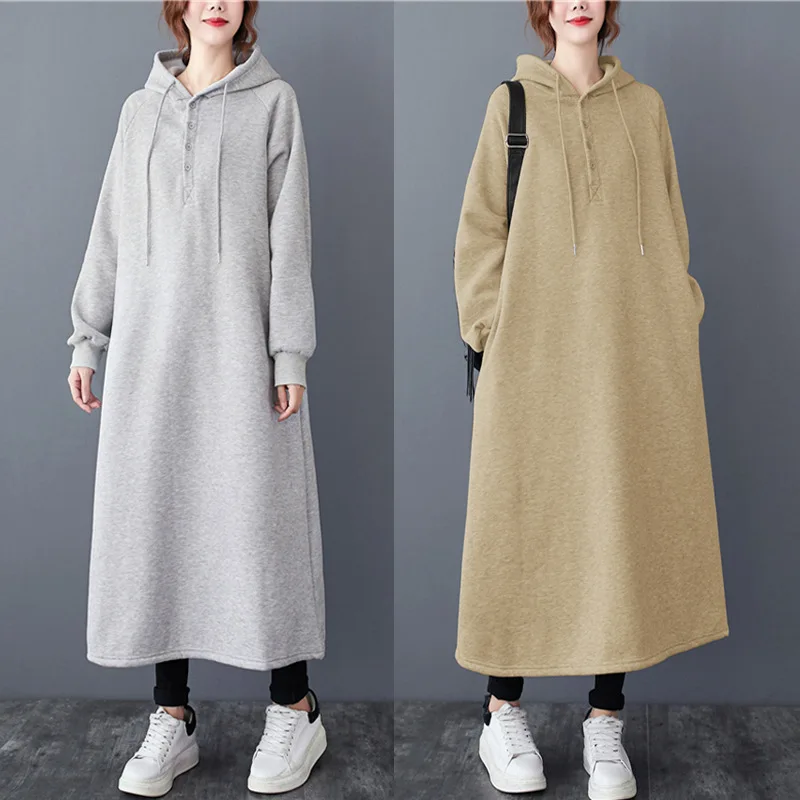 2023 Spring Autumn New Simple Solid Color Casual Hooded Plus Velvet Thick Sweater Dress Loose Slimming Women Dress Free Shipping