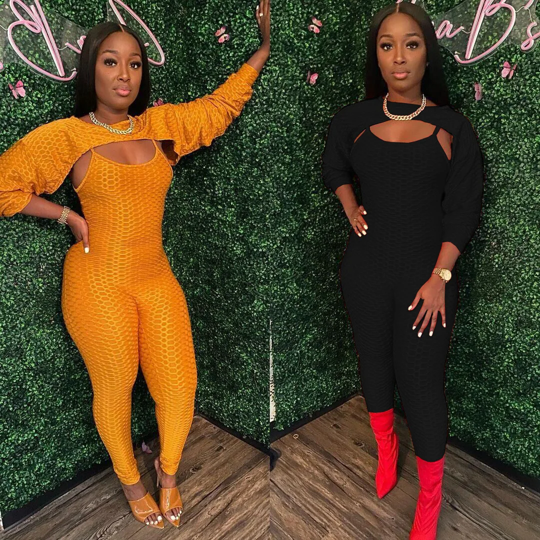 

Wholesale Sexy Club Outfits Women Clothing Two Piece Sets Fall Spaghetti Strap Romper Jumpsuits Long Sleeve Pullover Crop Top