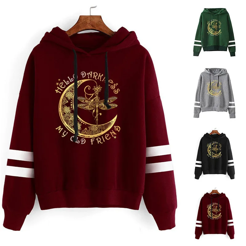 

Женская толстовка с капюшоном с принтом «стрекоза» и «Луна», Женская флисовая толстовка в двойную полоску с длинным рукавом и капюшоном, пу...