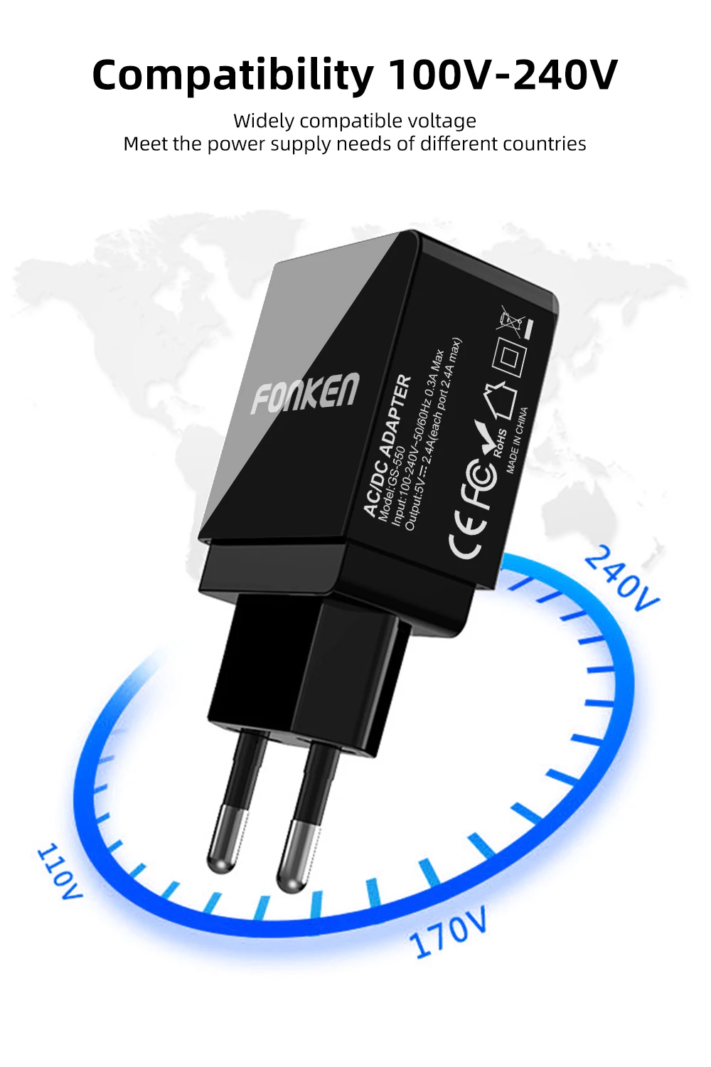Светодиодный дисплей FONKEN, двойное зарядное устройство USB, макс. A, зарядка для телефона, умная быстрая зарядка, 2 порта, настенное зарядное устройство для мобильного телефона, адаптер
