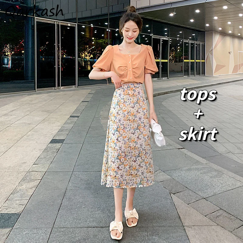 

Sets Women Summer Maiden 2 Piece Casual Puff Sleeve Fashion High Waist A-line Skirts Preppy Style Chic Girls Tops Femme Outfits