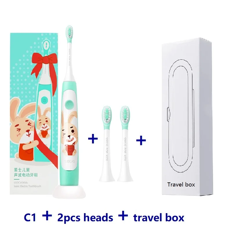 green C1 2heads box SOOCAS C1 Детская электрическая зубная щетка Xiaomi Mijia ультразвуковая щетка Зубная щетка Детская автоматическая зубная щетка USB Беспроводная зарядка - Цвет: green C1 2heads box
