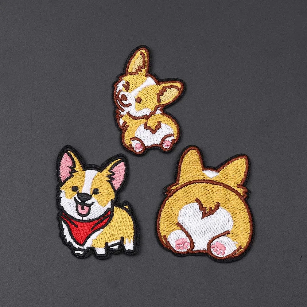 Cute animal cloth stickers three pet dog Corgi buttocks embroidery badges DIY ironing design on animal lovers T-shirts