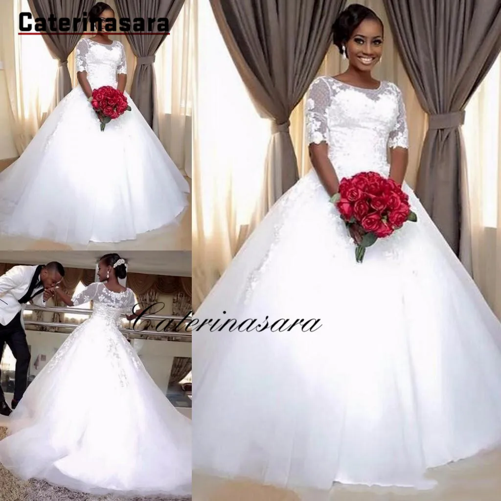 

African Lace-up Wedding Dresses Scoop Neck Half Sleeves Illusion Lace Appliques Puffy Formal Bridal Gowns