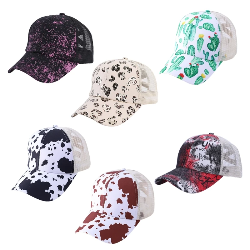 

Women Cow Letters Print Mesh Back Baseball Cap Hip Hop Sunscreen Criss Cross Ponytail High Messy Bun Trucker Dad Hat