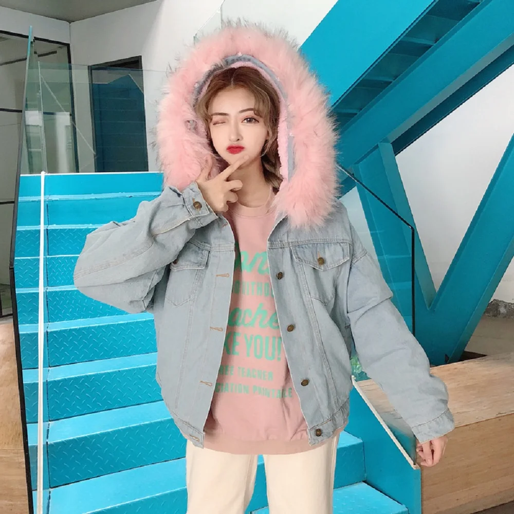 

Modx 2021 large Faux Fur Collar Denim Jacket Women's winter hooded warm denim jacket student short women's Baseball Jacket