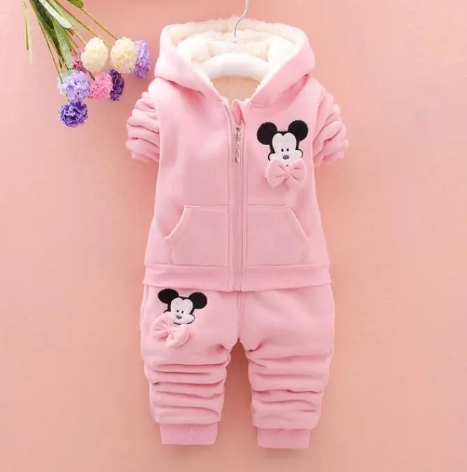 pink Комплекты одежды для девочек с Минни и Микки зимний теплый комплект одежды для девочек, куртка+ футболка+ штаны, 3 предмета, детская одежда утепленный бархатный костюм для девочек - Цвет: pink