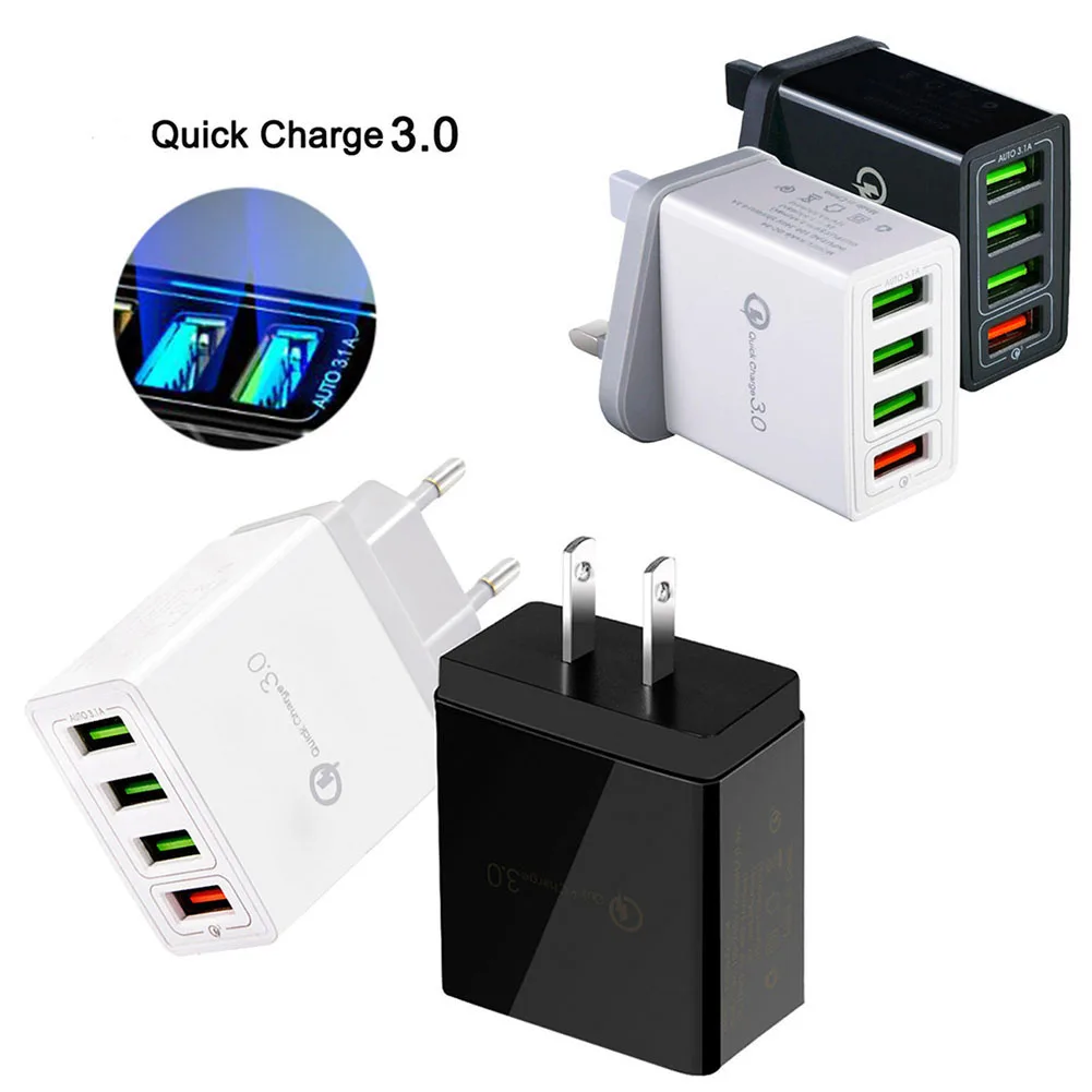 

USB Charger QC 3.0 4 USB Port Fast Charger Phone Charger Adapter For iPhone huawei xiaomi Charging US EU UK Plug Adapte