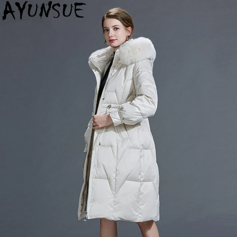 

AYUNSUE Women's Down Jacket Real Fox Fur Collar Hooded Parkas Woman 90% White Duck Down Jackets Female Coats Abrigo Mujer 864