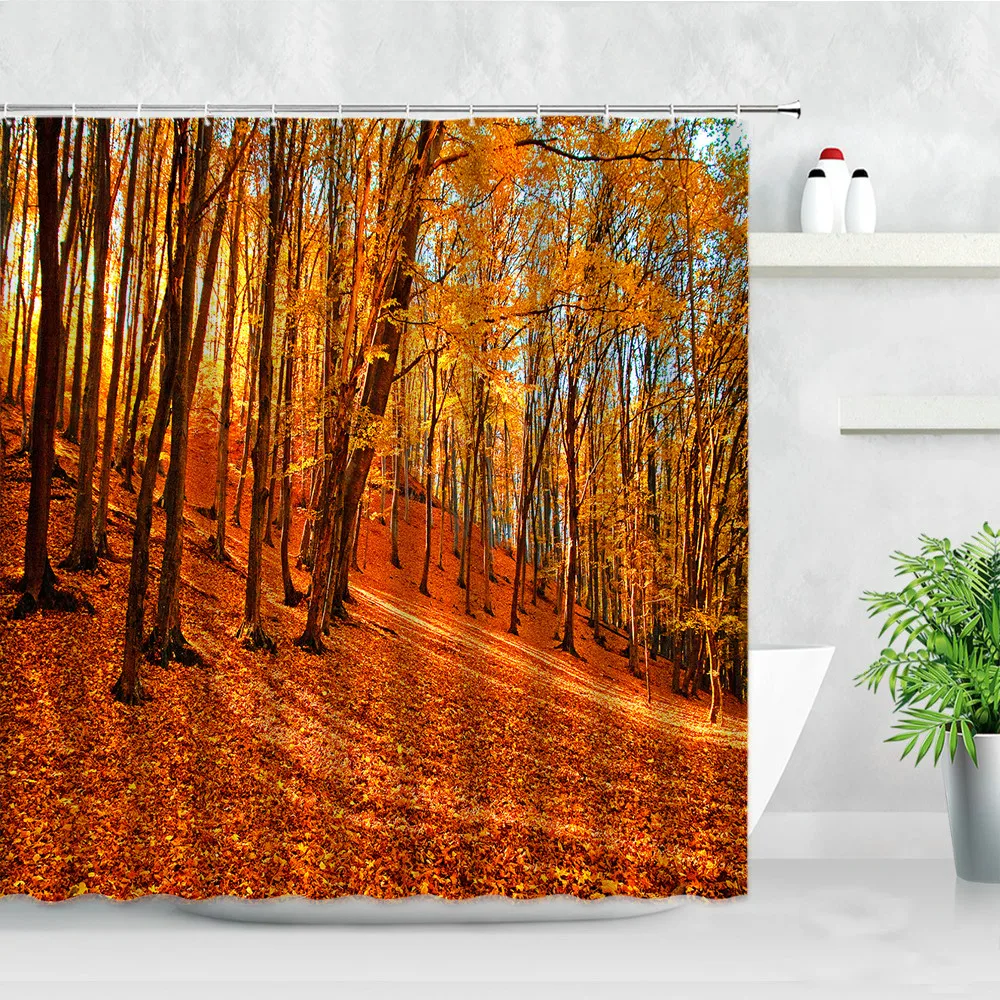 

Autumn Forest Waterproof Shower Curtains Yellow Leaves Trees Natural Scenery Wall Backdrop Decor Bathroom Fabric Bathtub Curtain
