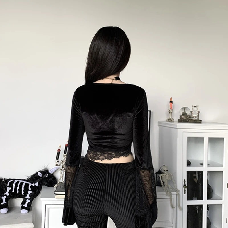 Женский укороченный топ Goth Черный Кружевной Топ с длинным рукавом и v-образным