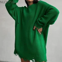 2021 y2k womens oversized sweater knitted green o neck long sleeve pullover tops casual party sexy club sweaters dresses women