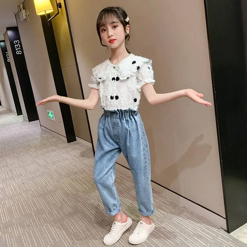 Teen Girls Clothing Solid Shirt &amp Pants Suits For Denim High Waist Clothes Set Spring Autumn Fashion Sets | Мать и ребенок