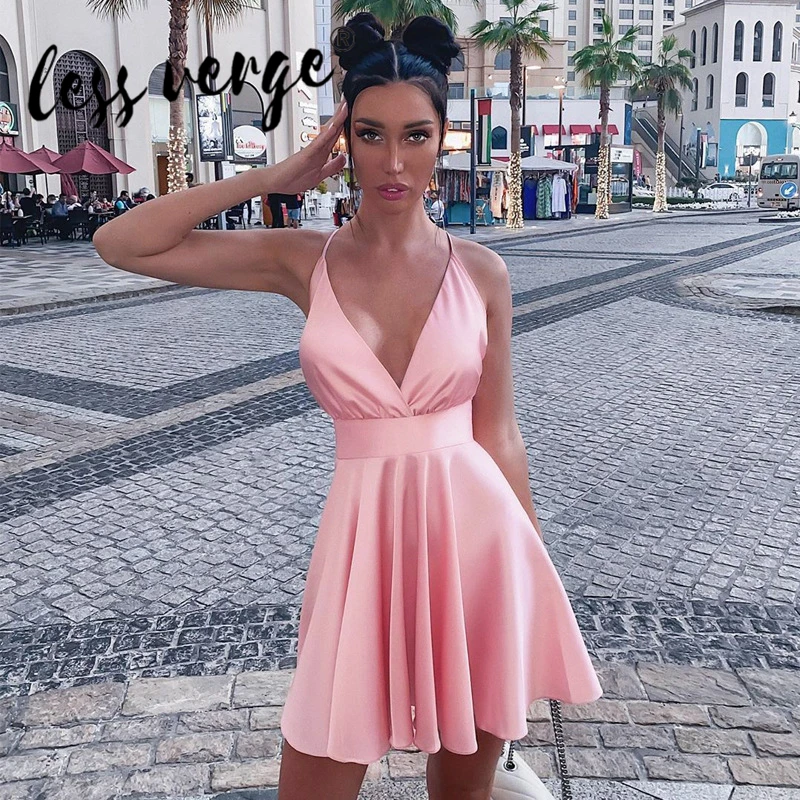 

Lessverge New Fashion Women Dress Spaghetti Strap Dress Backless Dress Solid Color Deep V-neck Dress Summer Dress Bow-tie Dress