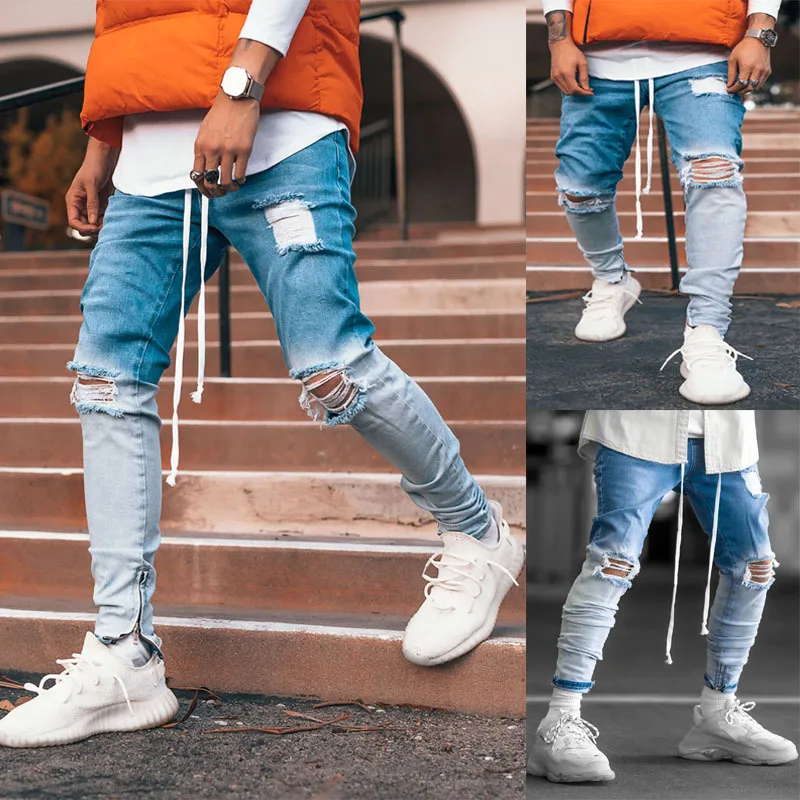 

2021 Spring and Summer New Men's Small Feet Broken Hole Zipper Foot Mouth Non-elastic Fashion Denim Men's Pants