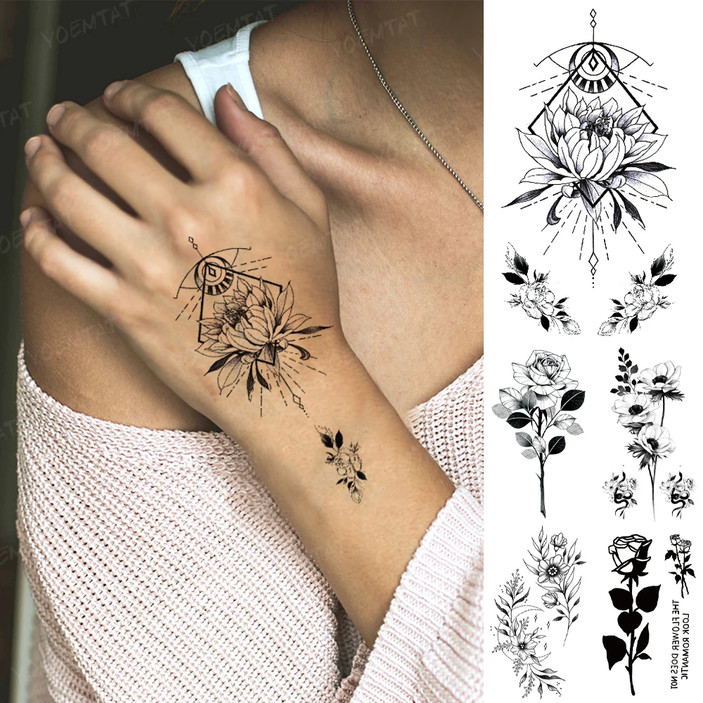 

Transfer Waterproof Temporary Tattoo Sticker Chrysanthemum Henna Flower Arm Flash Tatto Woman Rose Plant Body Art Fake Tatoo Man