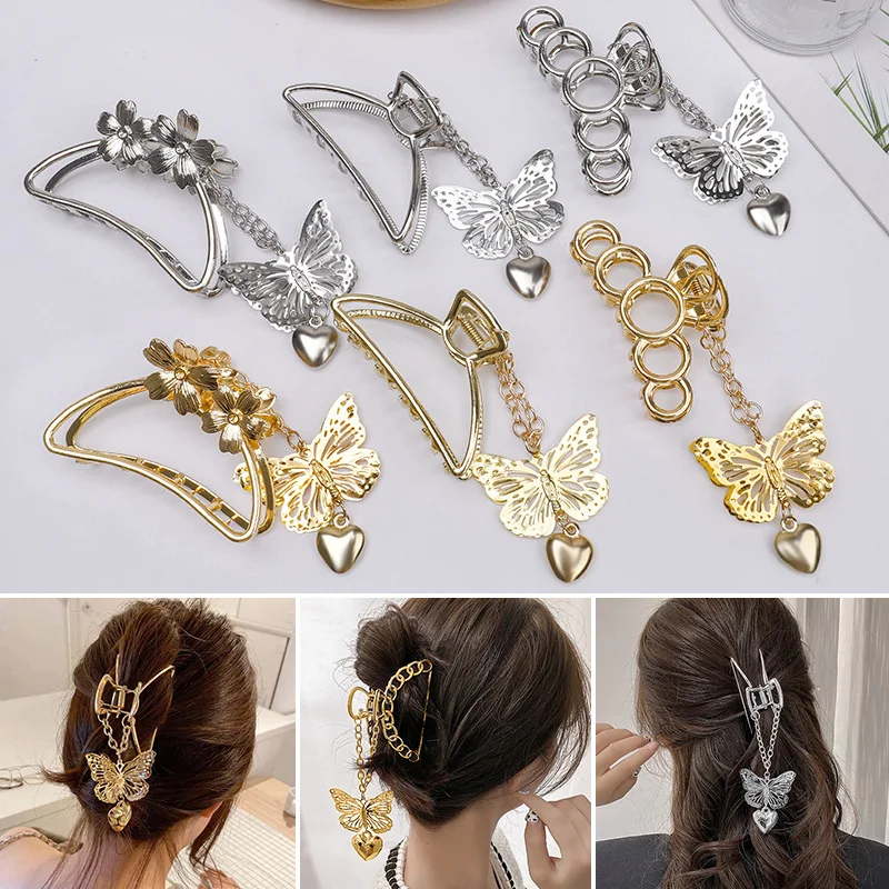 

Retro Butterfly Pendant Hair Claw Golden Silvery Trendy Hollow Out Geometric Tassel Hair Clips Metal Chain Hair Accessories