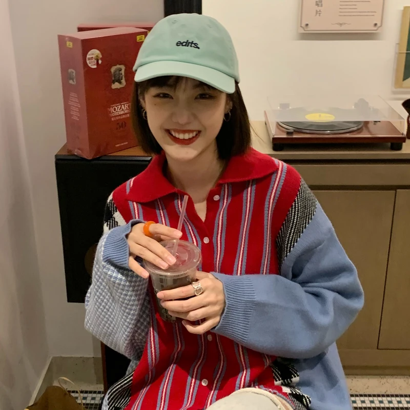 

2 colors 2020 autumn Turn Down Collar Patchwork Warm Sweater Womens knitted Sweater cardigans womans (C8019)