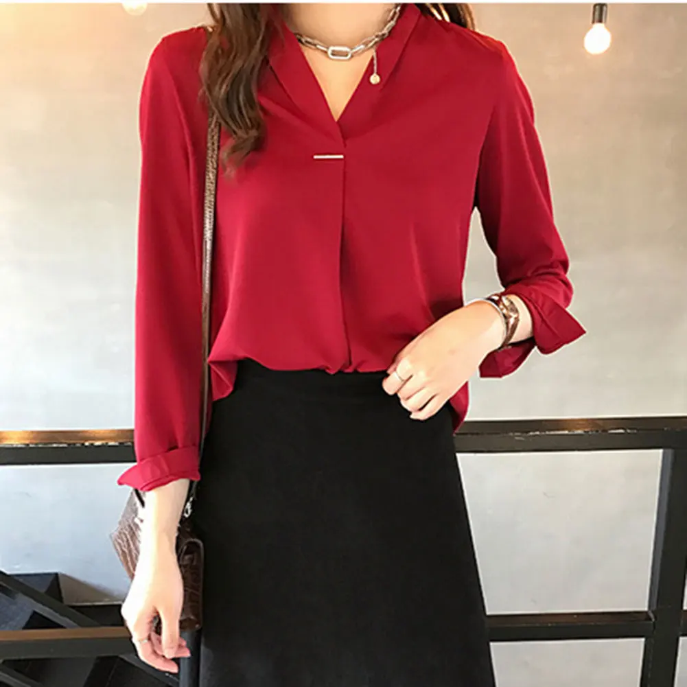 

Fashion Women Summer Casual V Neck Blouse Tops Ladies Long Sleeves Chiffon Work Office Shirt Autumn Bottom Tops 2020