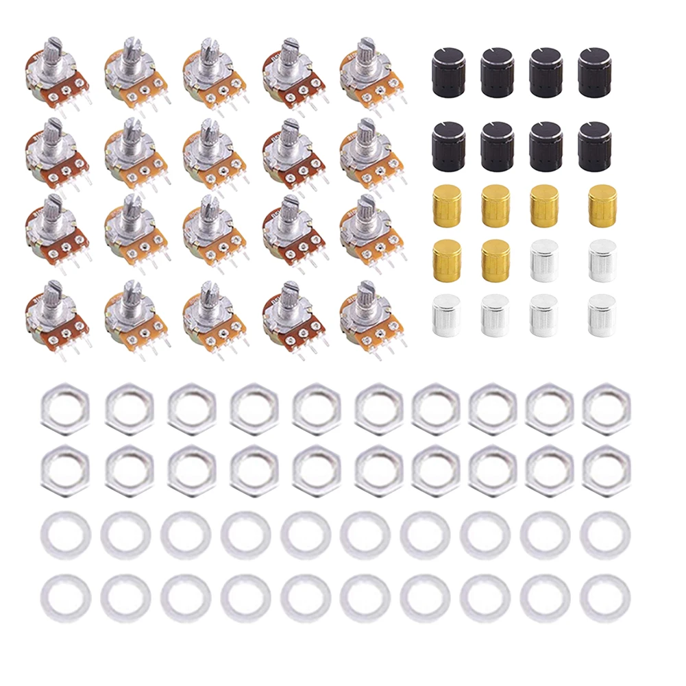 

60PCS Potentiometer B50K 3-pin Linear Taper Terminal Rotary with Control Knob and Cap Nuts Washer Multiturn Potentiometer
