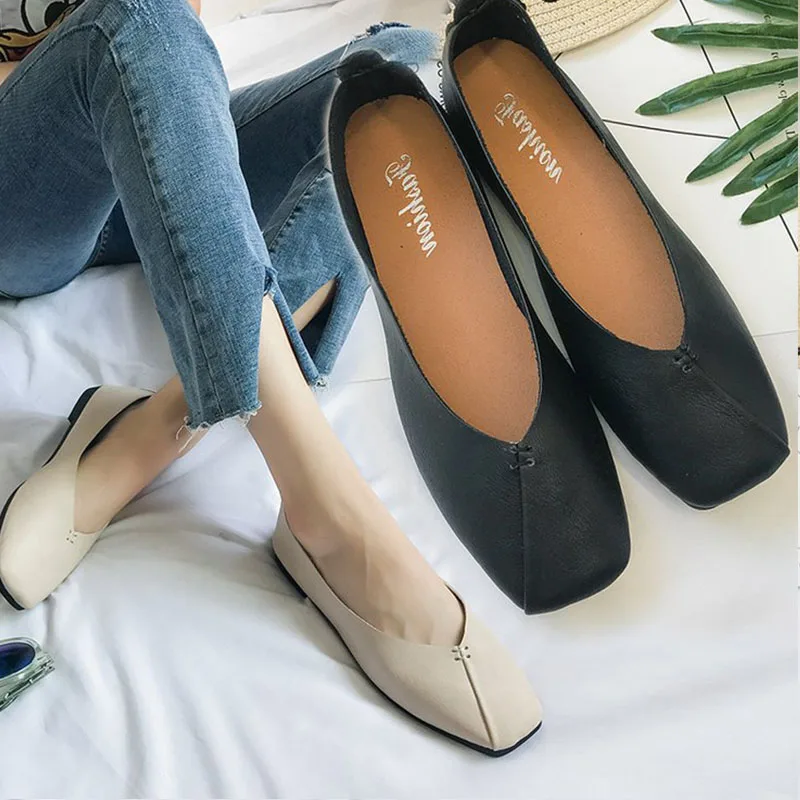 2020 весенние черные туфли из мягкой кожи женские балетки на плоской подошве с