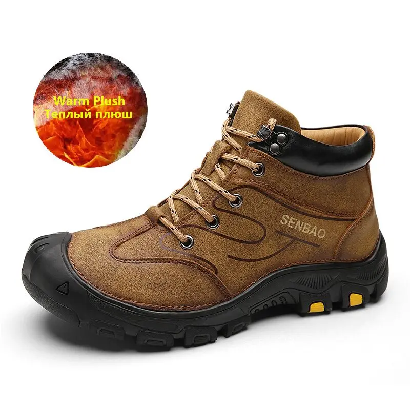 

Брендовые зимние мужские ботинки, теплые мужские зимние ботинки, Водонепроницаемые кожаные мужские походные ботинки, уличные кроссовки, му...