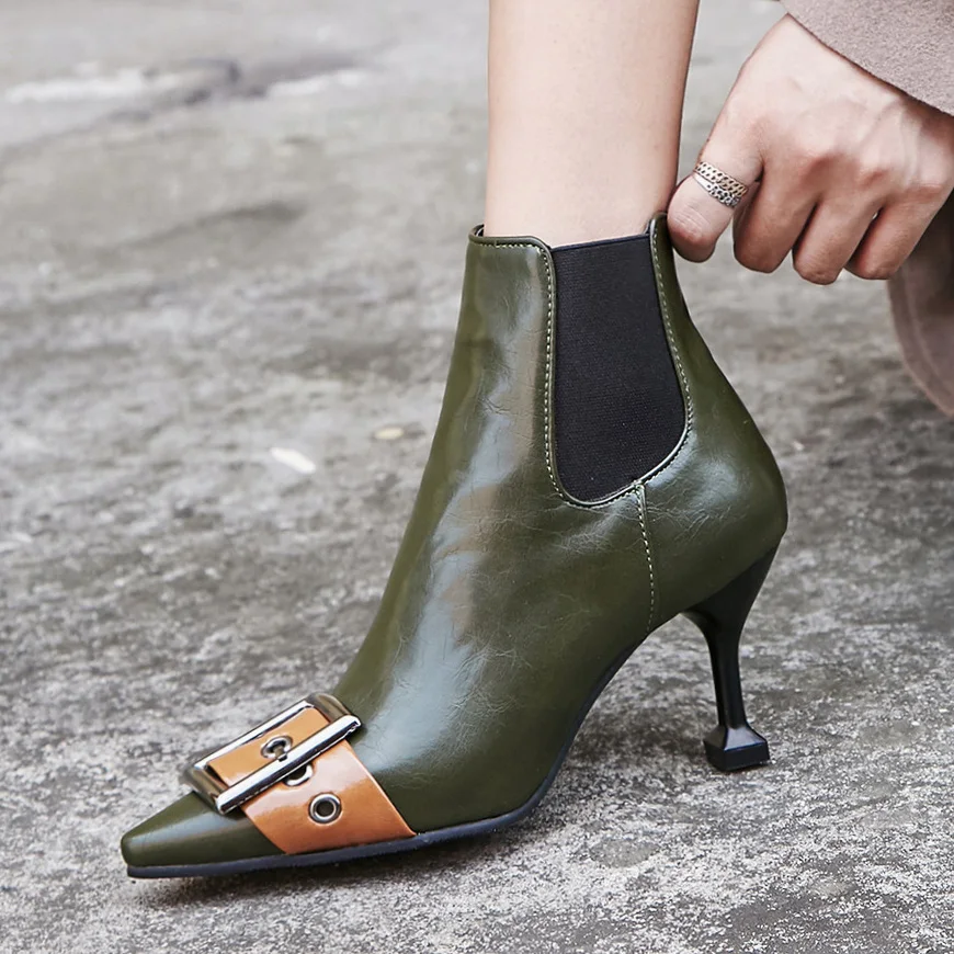 Кожаный ремень Ботильоны на ремешках с пряжкой женские сапоги высоком каблуке