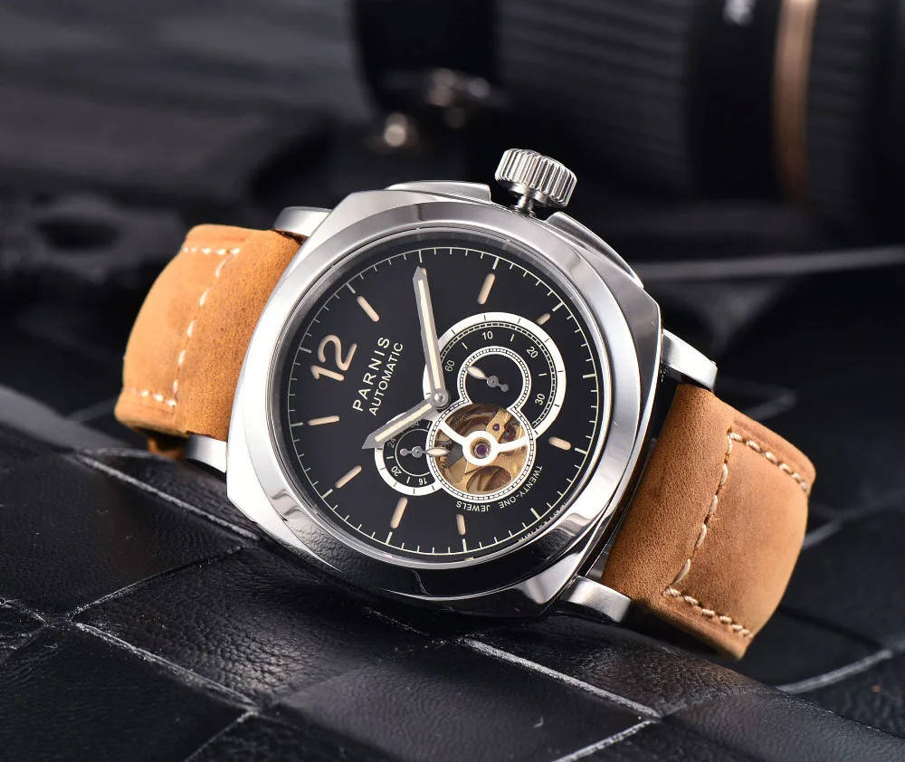 Parnis 44 мм серебристый чехол Мужские автоматические механические часы со скелетом