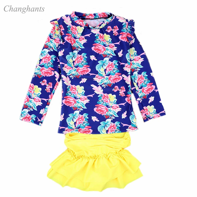 sw1417 Коллекция года, новая модель, купальник из двух частей детский купальник с цветочным принтом, купальный костюм с длинными рукавами для девочек Детская летняя одежда для отдыха - Цвет: sw1417
