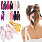 Резинки для волос однотонные с бантом и цветочным принтом для женщин и девочек, атласная Длинная лента для хвоста, аксессуары для волос