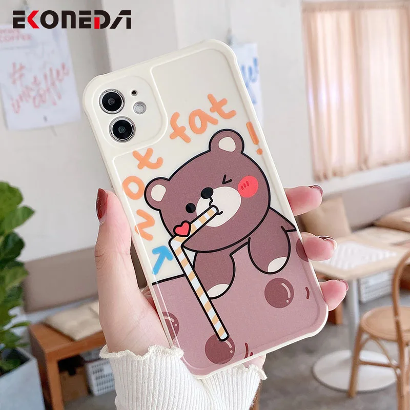 

EKONEDA Super Cute Milk Bear Case For iPhone 12 11 Pro XS Max X XR 7 8 Plus SE Silicone Case Protective Soft TPU Back Cover